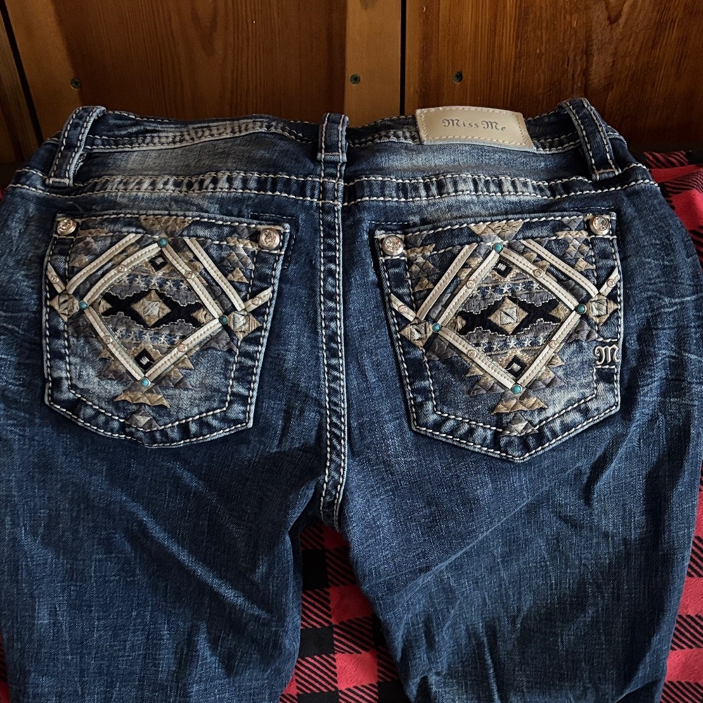 Miss Me Dark Blue Boot Cut Jeans with Embellished Pockets